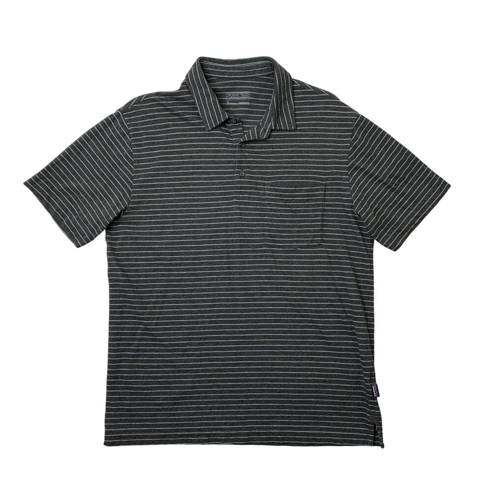 Patagonia Polo Shirt Mens M Medium Charcoal Organic Cotton Lightweight Striped